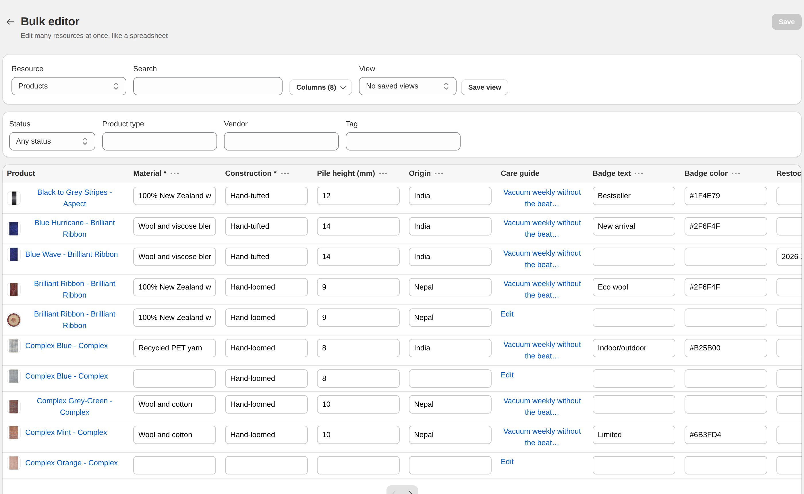 Fieldwise bulk editor showing products as rows and fields as columns