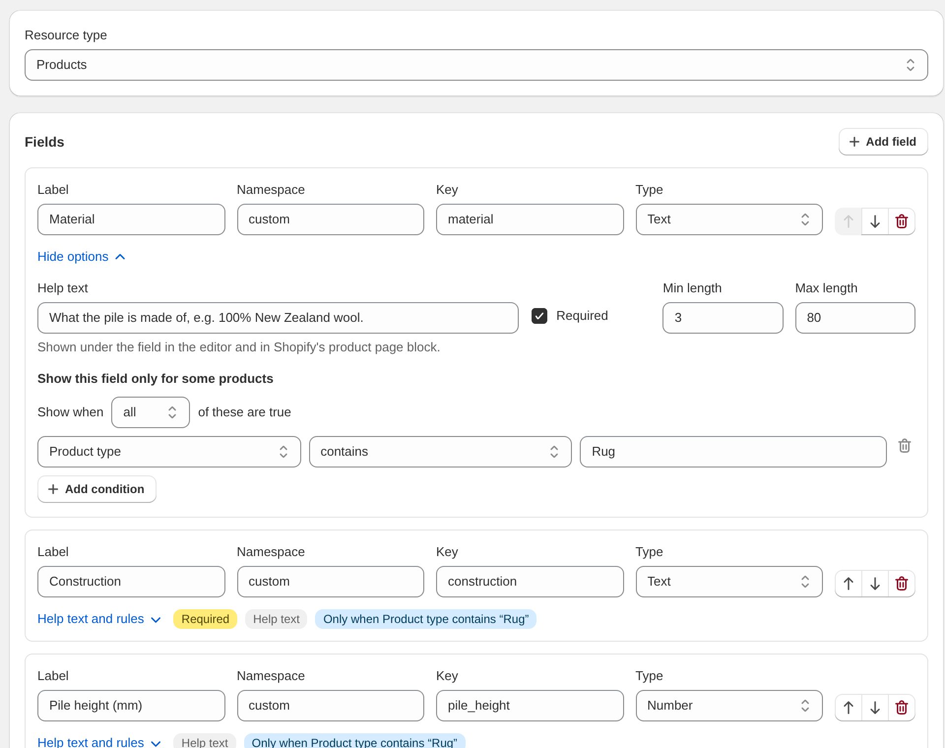 Field settings with help text, required, length rules and a field set condition