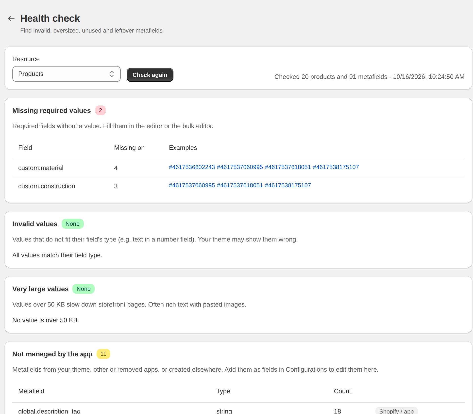 Health check listing missing required values and leftover metafields
